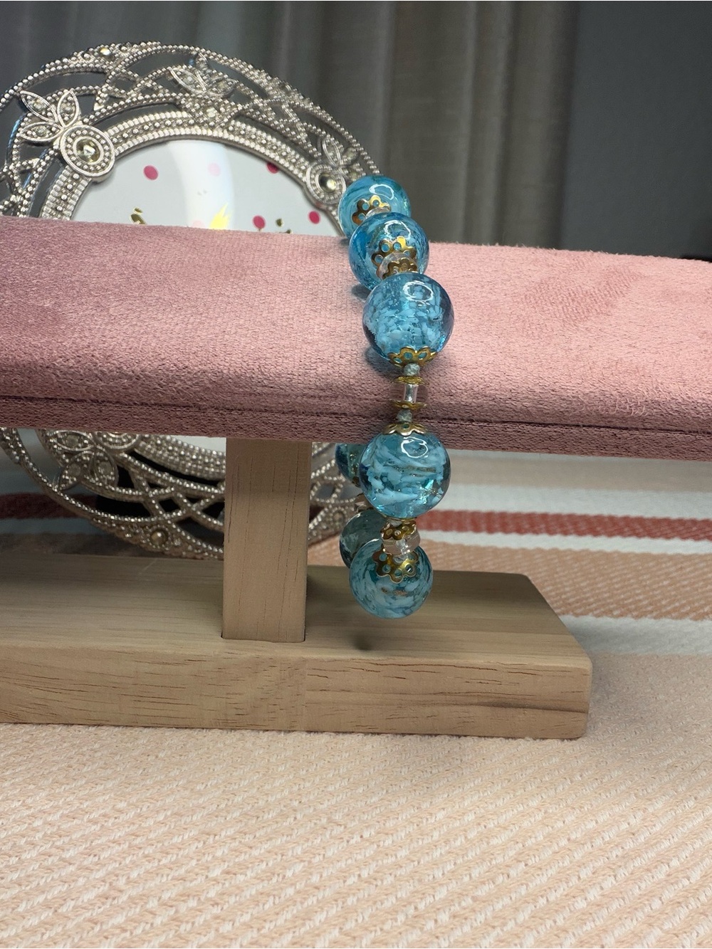 Murano Style Aqua Blue Foil Lampwork Art Glass Bead Bracelet